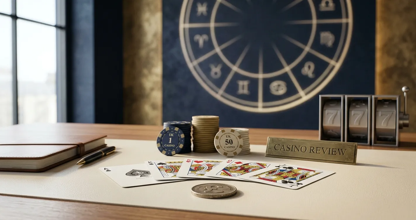Abstract zodiac wheel with cards and casino review symbols